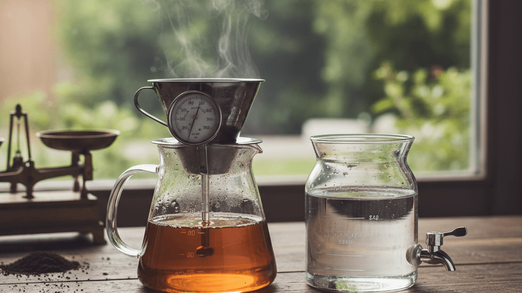Ilustración del nivel de llenado del depósito y temperatura ideal (90‑95 °C) en la cafetera Moka