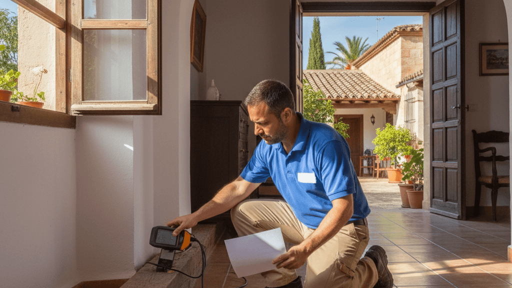 Control de termitas en Murcia: costo y tratamiento Imagen que ilustra cuánto cuesta eliminar termitas en Murcia, mostrando a un técnico inspeccionando una vivienda mientras se evalúan los precios del tratamiento anti‑termita.
