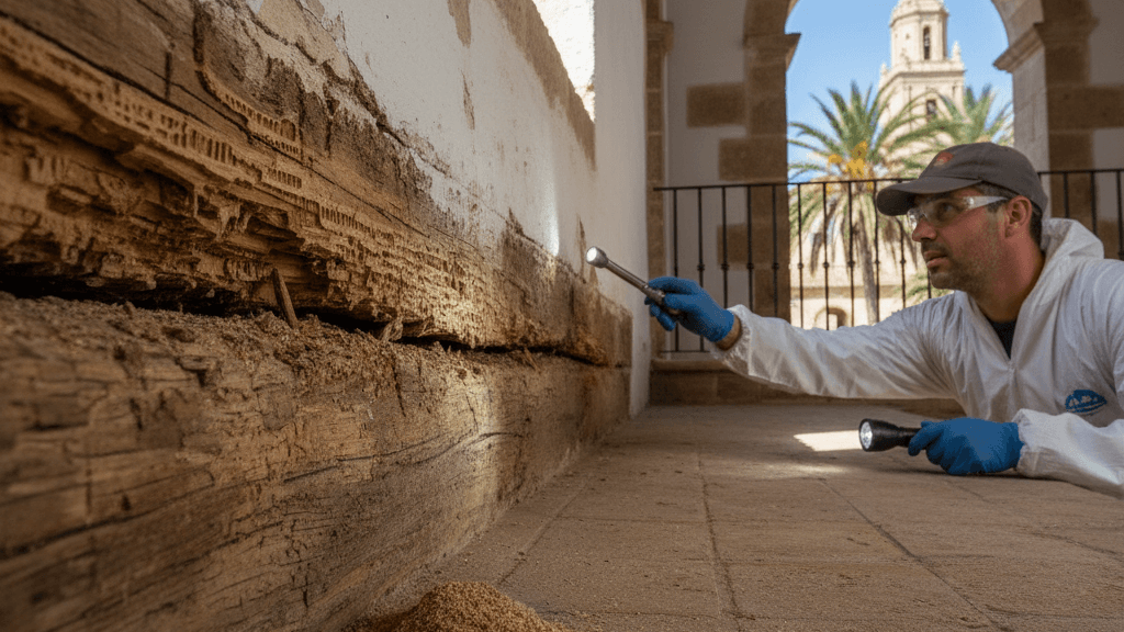 Daño estructural causado por termitas en una vivienda de Murcia, resaltando la urgencia de actuar