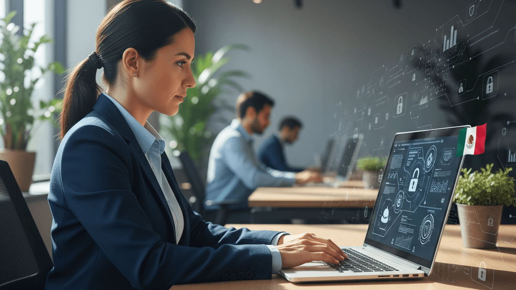 Cumplimiento LFPDPPP y pentesting en México LFPDPPP y pentesting: Cumplimiento en México, ilustración de un analista de seguridad revisando datos en una pantalla con símbolos de protección y la bandera de México
