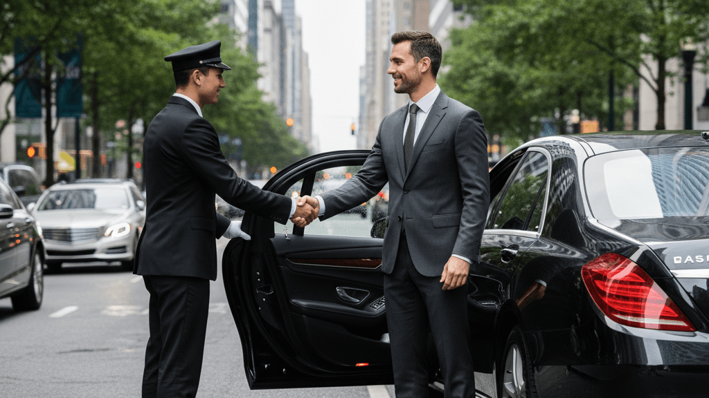 Ejecutivo y conductor en coche corporativo Imagen que muestra movilidad empresarial con conductor, con un ejecutivo y un conductor profesional dentro de un coche corporativo, transmitiendo puntualidad, seguridad y una imagen corporativa impecable