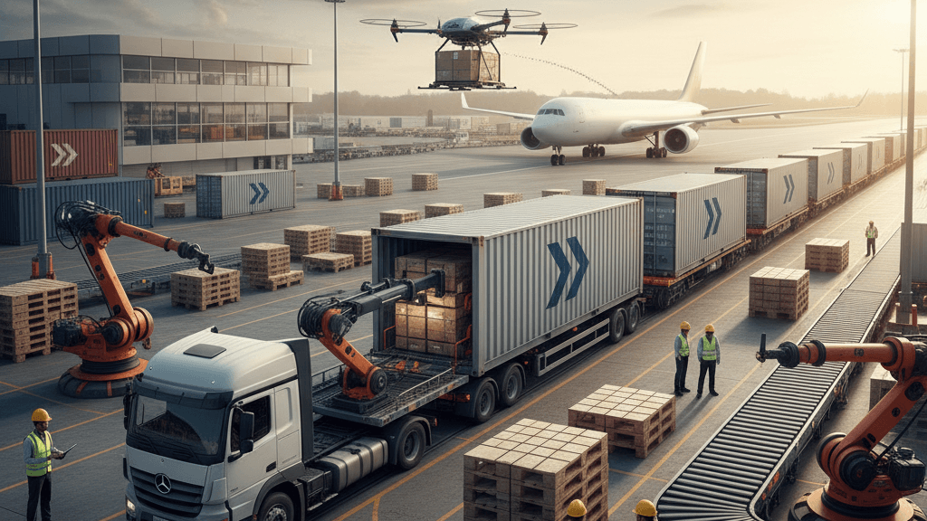 Sinergia con operador logístico Escena que muestra la colaboración entre movilidad empresarial con conductor y operador logístico para entregas internas