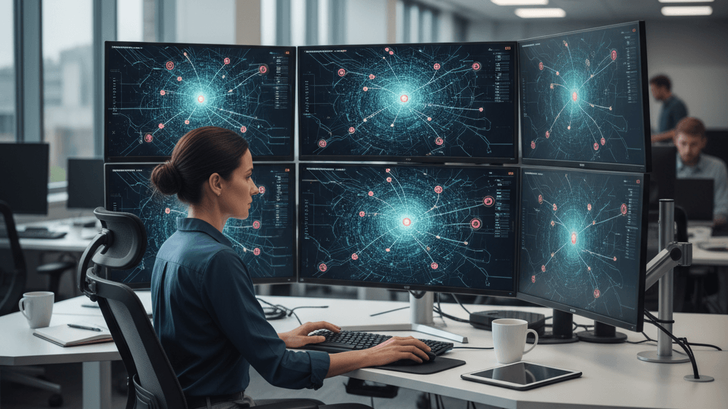 Auditoría de superficie externa con pentesting – mapa de activos digitales Ilustración que muestra una auditoría de superficie externa con pentesting, con un analista revisando un mapa de dominios y subdominios expuestos en internet, resaltando vulnerabilidades potenciales.