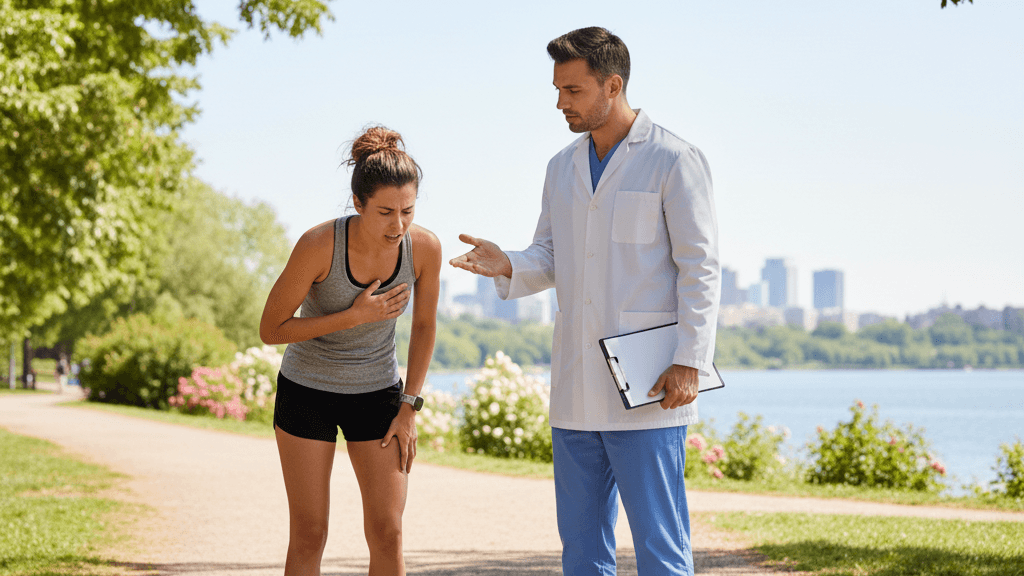 Persona corriendo con dificultad respiratoria y fisioterapeuta Imagen que ilustra por qué me falta el aire al hacer ejercicio, mostrando a una persona con dificultad respiratoria durante la actividad física y la ayuda de un fisioterapeuta