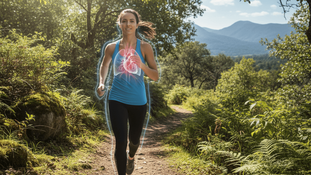 Aumento de ventilación Ilustración del aumento de la ventilación pulmonar durante el ejercicio, mostrando pulmones y flujo de aire