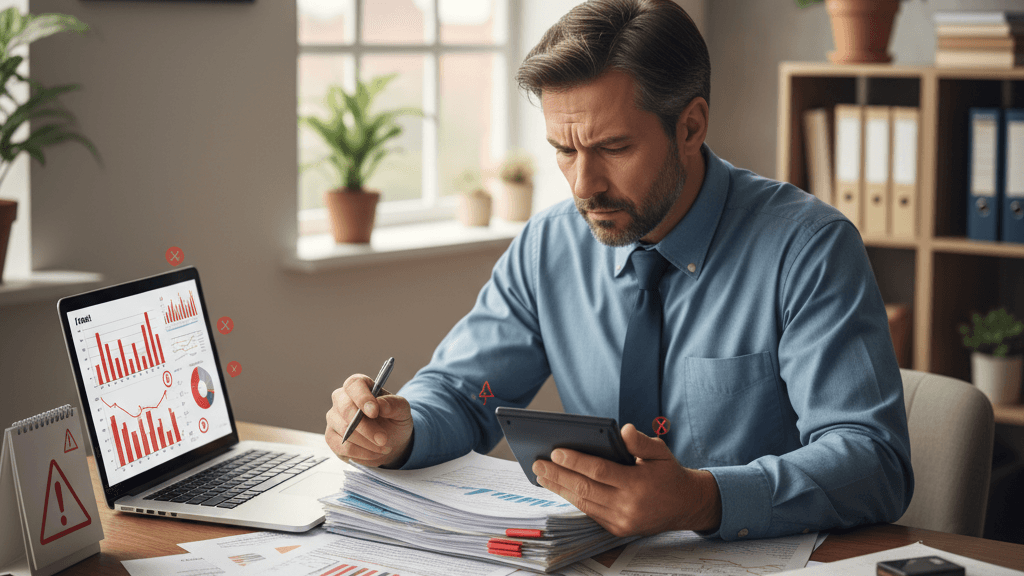 Empresario analizando indicadores fiscales Imagen que muestra a un empresario revisando documentos y gráficos que ilustran señales de que tu negocio necesita planificación fiscal, como facturas, calculadora y calendario