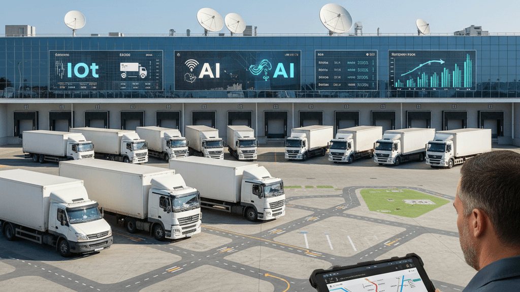 Gestión eficiente de flotas de transporte: planificación y tecnología Imagen que ilustra la gestión eficiente de flotas de transporte, con camiones modernos, ruta optimizada y tecnología de telemetría e IA para monitoreo en tiempo real