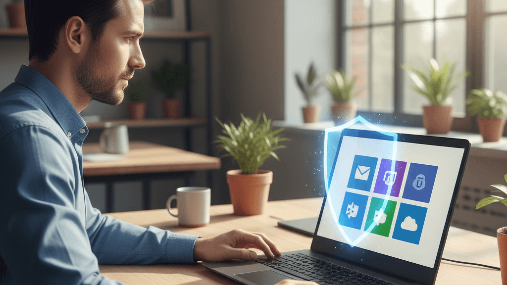 Pentesting en Microsoft 365: Seguridad en la Nube Imagen que ilustra el pentesting en entornos Microsoft 365, con un analista de seguridad revisando configuraciones de Exchange, SharePoint y Teams en una pantalla, resaltando la protección de datos y la auditoría de la plataforma.